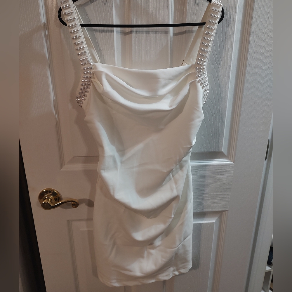NWT WHITE MINI DRESS WITH BEADED STRAPS